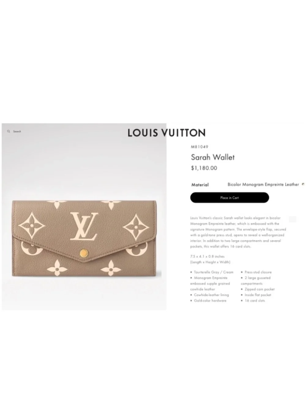 Louis Vuitton Empreinte BICOLOR Tourterelle Dove Grey Beige Creme SARAH WALLET